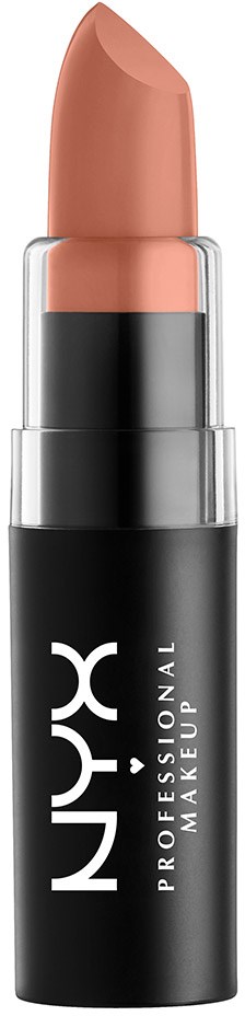 En neutral läppfärg i ett svart rör med vitt NYX-ark, snurrad upp ur behållaren.