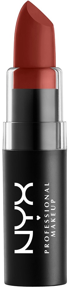 Ett läppstift i svart och silver, visar en röd läppstiftspenna. Etiketten säger "NYX PROFESSIONAL MAKEUP."