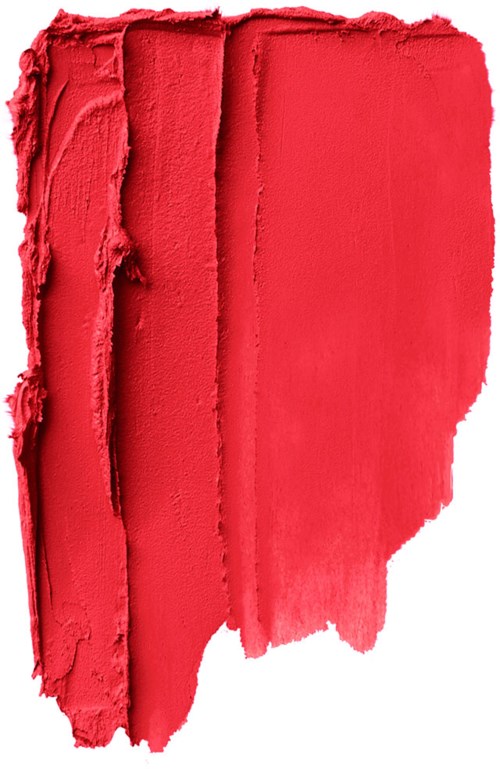 En röd kosmetisk produkt, troligen läppstift eller rouge, utsträckt i drag med en slät yta.