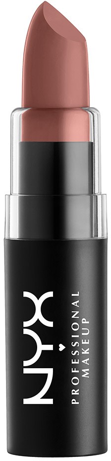 En nude läppstift i ett svart rör med vit NYX-logga. Läppstiftet är delvis roterat upp.