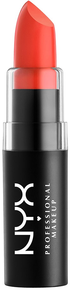 Det här är ett läppstift med bright röd färg och svart-silverrör. Det är från NYX Professional Makeup.
