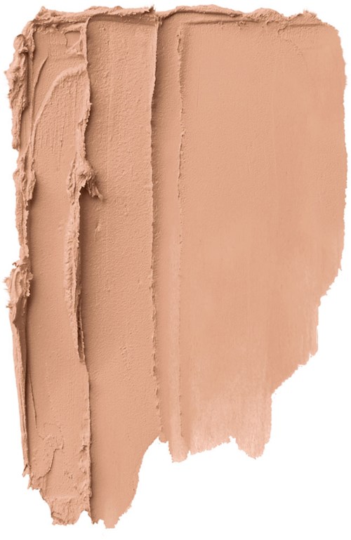 En beige makeupkräm spridd ojämnt med textur och synliga kanter.