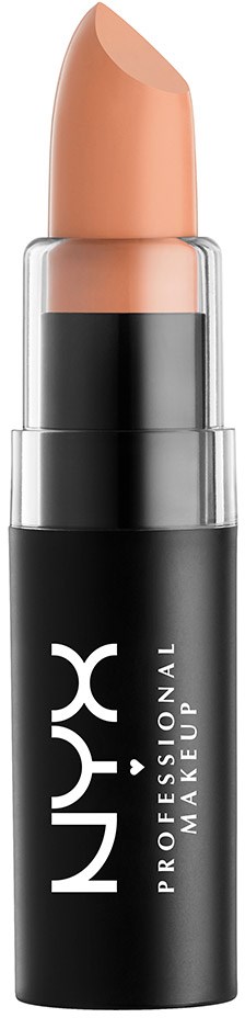 En beige läppstift i ett svart och tydligt rör med "NYX PROFESSIONAL MAKEUP" skrivet på.