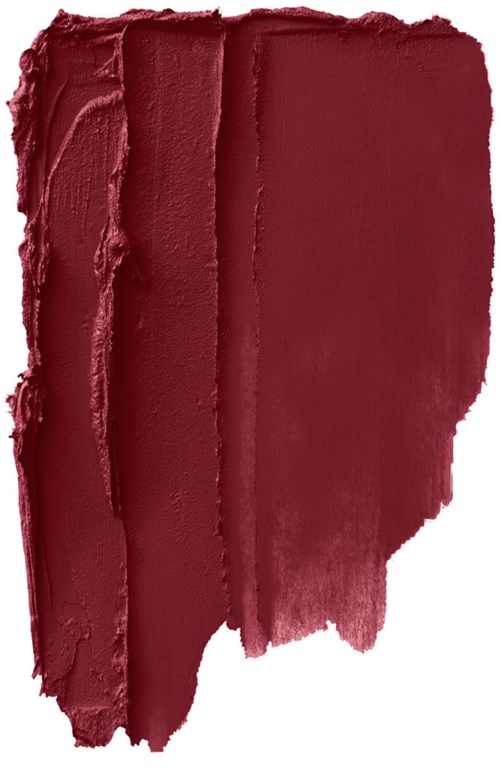 En provbit av mörkröd läppstift, texturerad, med märkbara drag och en matt finish.