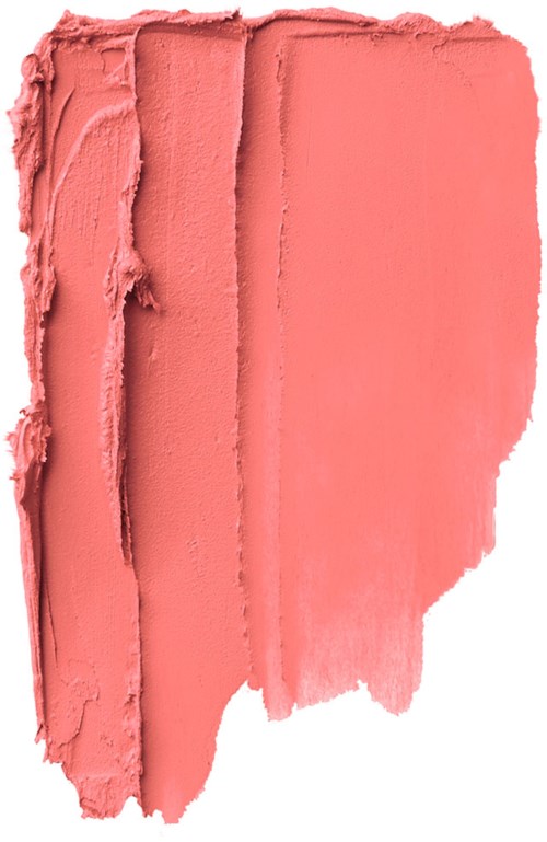 En smet av rosaaktig korallläppstift eller blush, med synliga streck och textur.