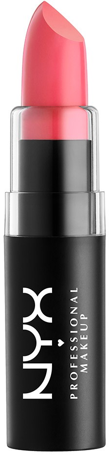 Ett svart läppstiftshölje med "NYX Professional Makeup" skrivet på, och ett rosa läppstift som syns ovanpå.