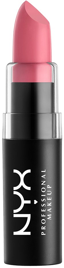 En svart läppstiftstift med rosa läppstift synligt på toppen, märkt NYX Professional Makeup.
