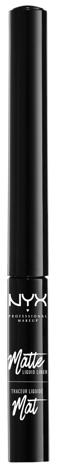 Musta NYX mattan nestemäinen eyeliner-kynä seisoo pystysuorassa ja siinä on valkoinen teksti.