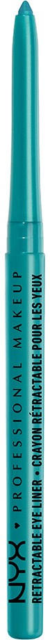 En blå makeup-penna med text, står upp. Den är avsedd för ögonsmink.