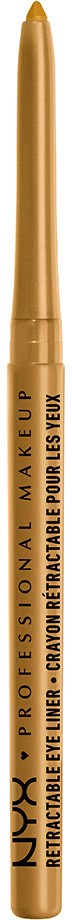 En guldfärgad löstagbar makeup-borste med svart text på.