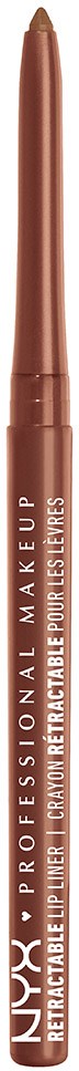 En brun, utdragbar läpppenna med vit text, namngiven NYX Professional Makeup, på vit bakgrund.