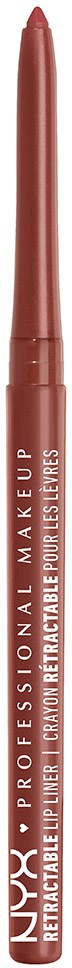 En brun läppennan med vit text som visar att det är en NYX återfällbar läppenna för professionell makeup.