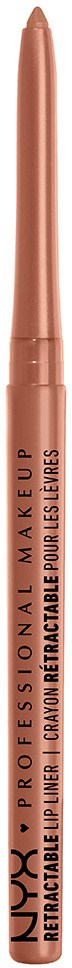 A brown retractable lip liner pen with black text showing brand and product details.