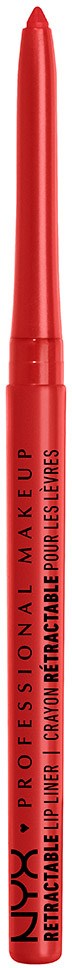 En röd flytande eyeliner-pen står vertikalt mot en svart bakgrund med text som beskriver dess egenskaper.