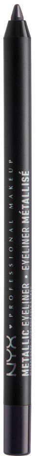 En svart kosmetisk penna med vit text, märkt NYX Metallic Eyeliner i svart, står vertikalt.