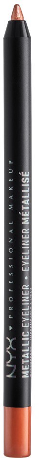 Ett svart sminkverktyg i pennaform med kopparfärgad topp och bas, märkt som NYX metallic eyeliner.