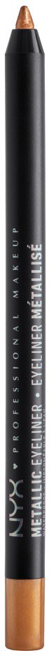 En svart penna med guldspets och guldändare, märkt NYX metallic eyeliner i vita bokstäver.