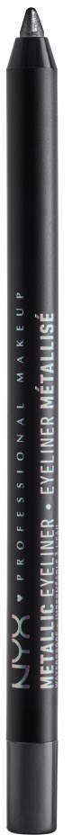 En svart sminkprodukt som liknar en penna med silvertext som säger NYX Metalic Eyeliner i en modern design.