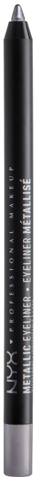 Czarna linijka z srebrnym końcem i spodem, oznaczona NYX metallic eyeliner, na czarnym tle.