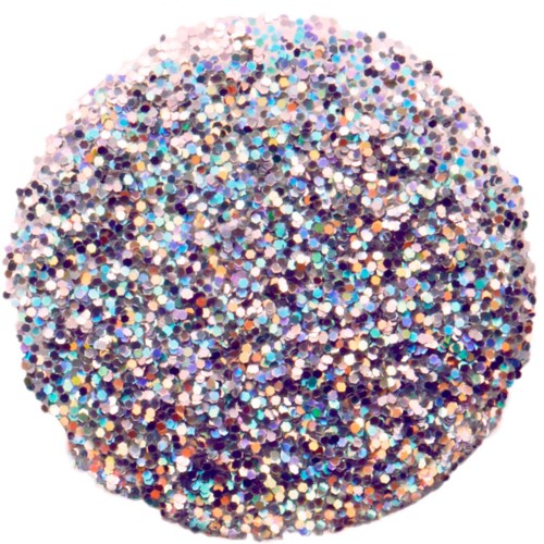 A large collection of colorful glitter circles with shades of pink, purple, blue, and gold arranged in a circular pattern.