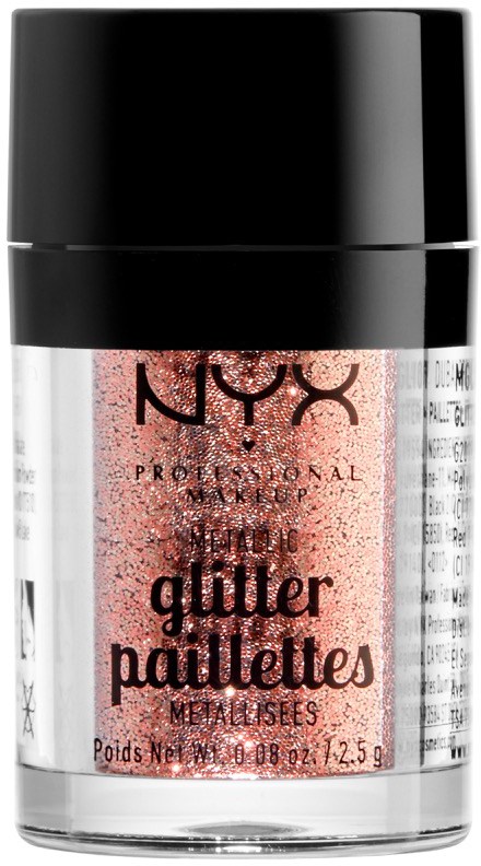 En liten behållare med NYX-glitterpaletter, svart lock och rosa glitter inuti.
