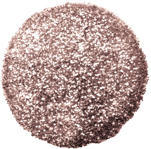 A sparkly, glittery round object with a rose gold color and shiny surface.