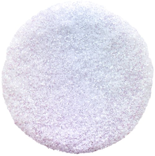 A glittery, round white object with sparkle and shiny surface, resembling a decorative ball or ornament.
