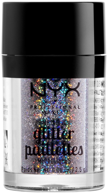 En liten burk med NYX-glitter innehåller färgglada, glänsande partiklar för makeup. Svart lock och genomskinlig kropp.