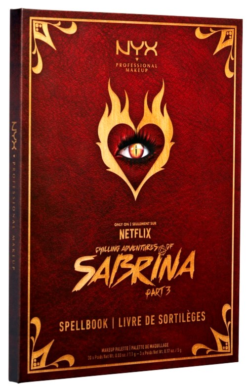 En röd makeup-palettbox med en flame- och ögonlogotyp, Netflix-märke och titeln 'Sabrina del 3' i fet stil.