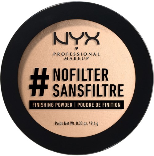 Black round container with beige powder labeled NYX, professional makeup, no filter hashtag, finishing powder, small weight.