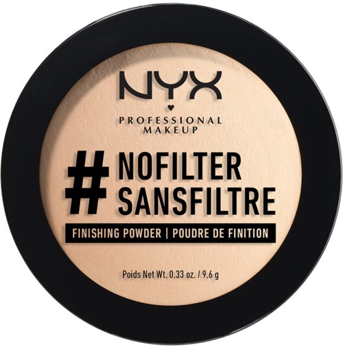 NYX Fixierpuder mit der Aufschrift No Filter Sans Filtre, 0,33 oz Nettogewicht, in einer runden schwarzen Dose.