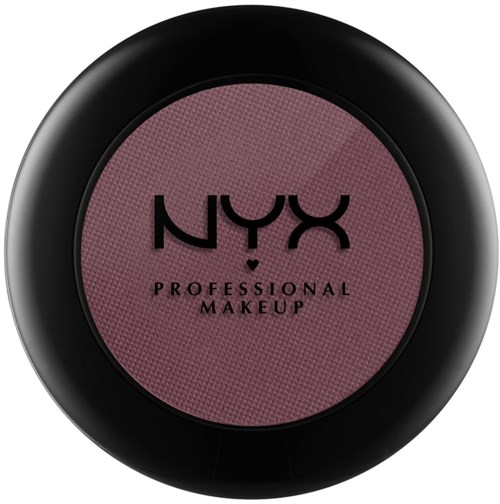 En rund behållare med svart kant och lila smink inuti som visar NYX Professional Makeup-loggan.