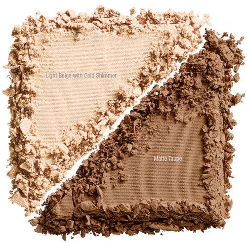 En sminke-palett med to typer av pulver: Lys Beige med Gullglans og Matte Taupe.