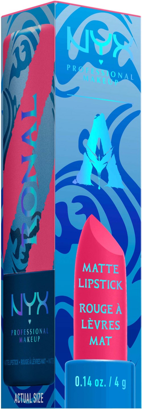 Blue and pink box with NYX logo, showing matte lipstick, weight 0.14 oz, and some swirly background design.