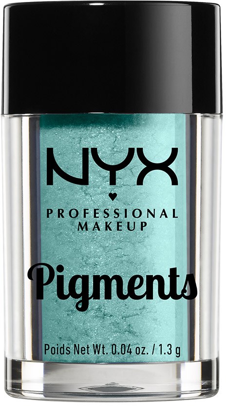 En flaske NYX Professional Makeup Pigments med svart lokk og tealfarget pigment inni.