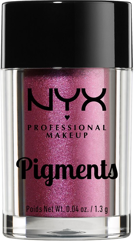 En liten burk med rosa glitterpigment från NYX Professional Makeup med svart lock.