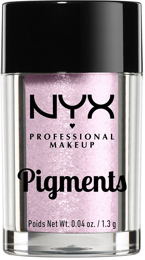 A small container of NYX Pigments with purple powder and a black cap.