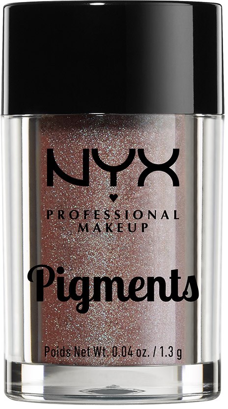 En liten flaska med NYX pigmentmakeup med svart lock och glitterliknande, rosaaktig glitter inuti.