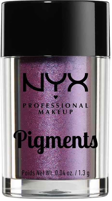 Pieni NYX Pigments -kapseli, jossa on violetinhohtoinen glitter ja musta kansi.