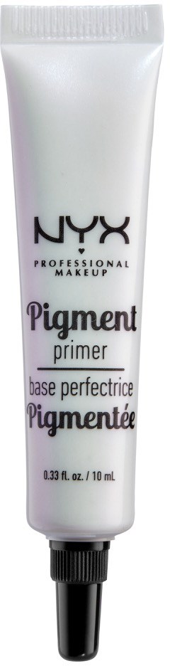 En tub med NYX Pigment Primer för makeup, märkt som en bas för perfekt foundation, i vitt med svart text.