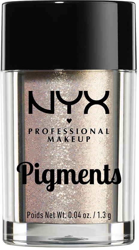Klare Dose NYX Pigment Make-up mit schwarzem Deckel und schwarzem Text, enthält schimmerndes Puder.