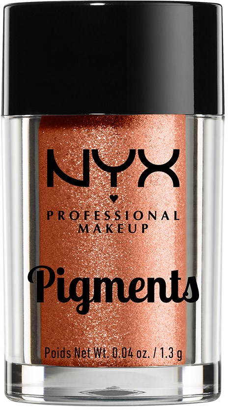 En flaska NYX Pigments makeup med glittrande, persikofärgad puder inuti och svart lock.