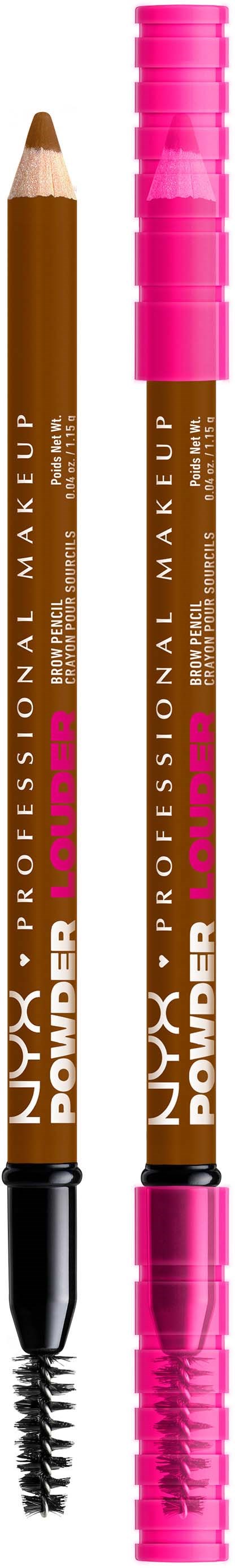 To makeup blyanter, en brun med spiral mascara børste og en pink, begge mærket 'Power' og 'Professional Makeup'.