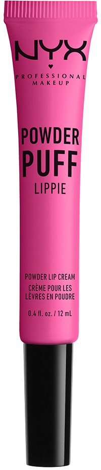 Pink tube of NYX Powder Puff Lippie lip cream with black cap, labeled in black and pink text.