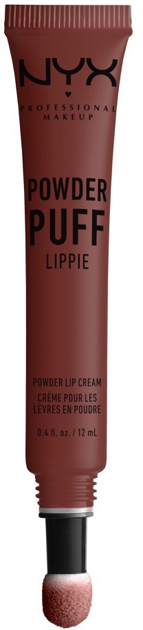 En tube av NYX Powder Puff Lip Lippie, en makeup-produkt, visas vertikalt med lock på toppen.