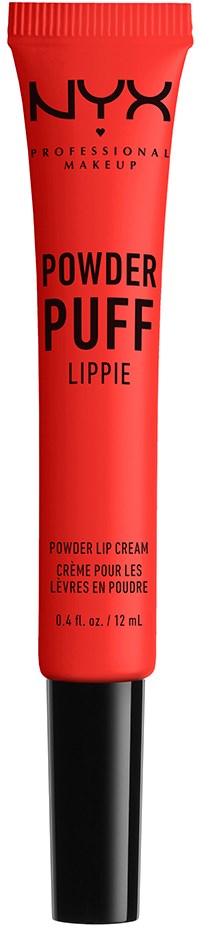 En röd tub med NYX Powder Puff Lippie läppkräm med svart lock, visar produktnamnet och detaljer.