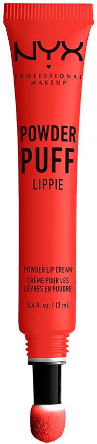 En röd tub med NYX Powder Puff Lippie-kräm och en svampapplikator i vitt och rött.