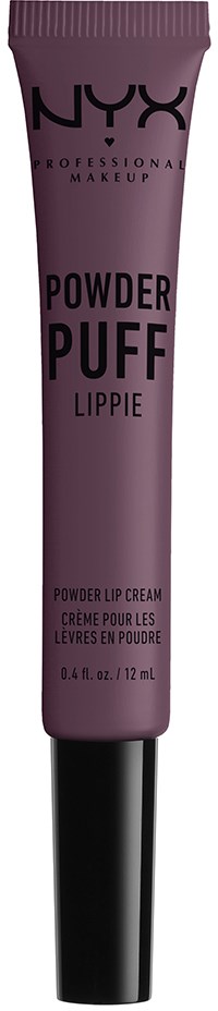 Ett rör med NYX Powder Puff Lippie läppkräm i svart och lila förpackning.
