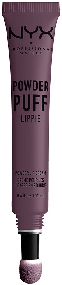 En tub med NYX Powder Puff Lippie i mauvefärgad, med svampapplikator.