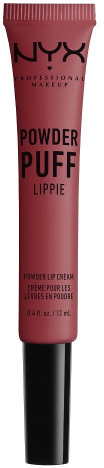 A pink tube of NYX Powder Puff Lippie lip cream with a black cap.